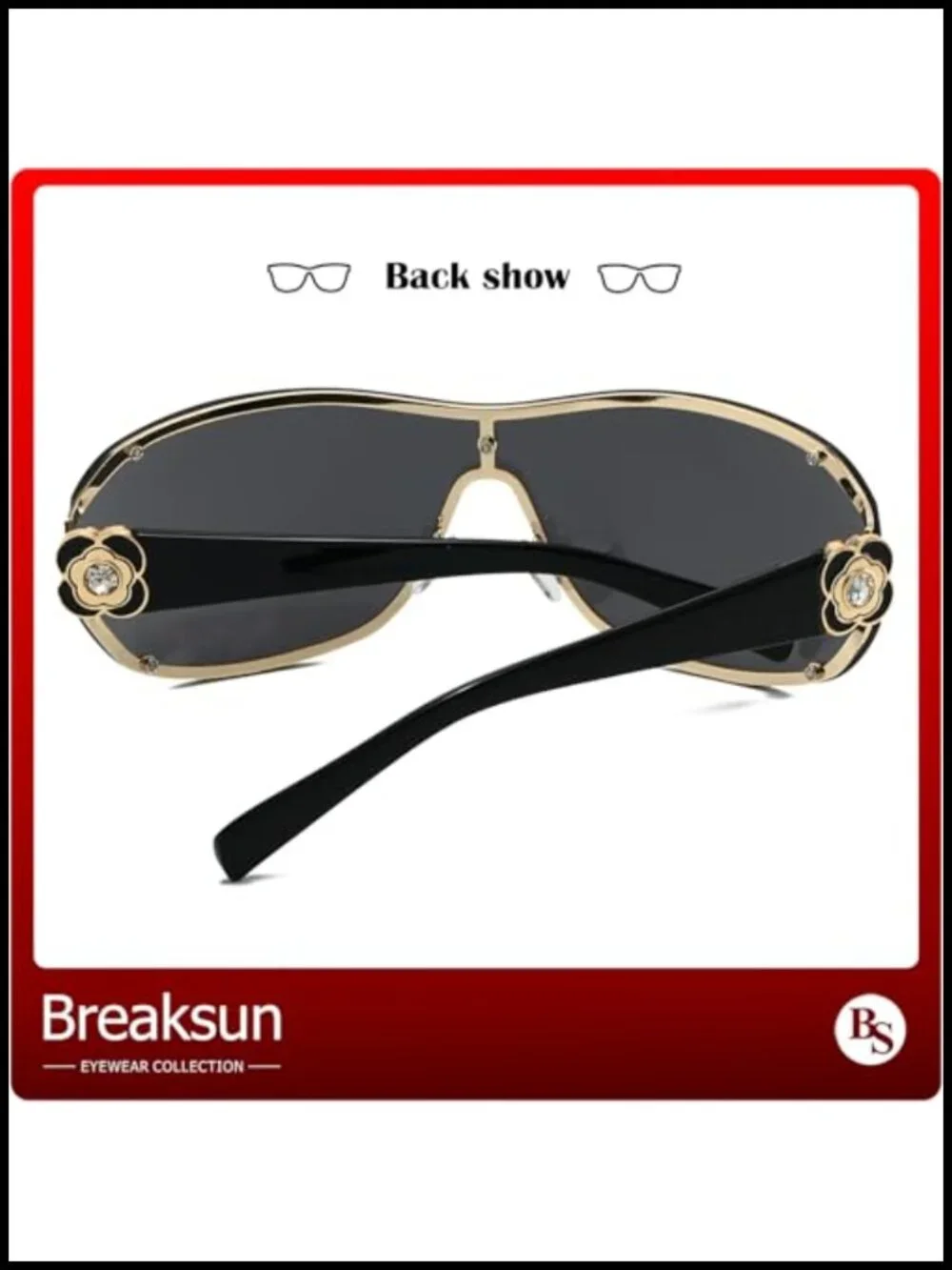 Oversized Y2K Rimless Shield Sunglasses with Rhinestone Camellia Temples UV400